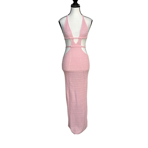 Unbranded Dresses & Skirts - Pink Crochet Maxi‎ Dress Womens Small Halter Cutout Backless Coquette Boho Beach